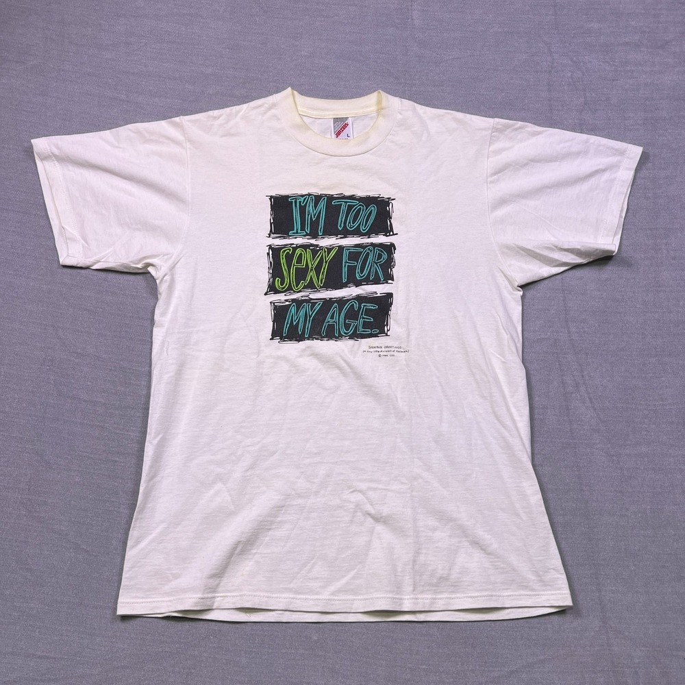 Jerzees Mens White I'M Too Sexy For My Age Short Sleeve Graphic T-Shirt Size L
